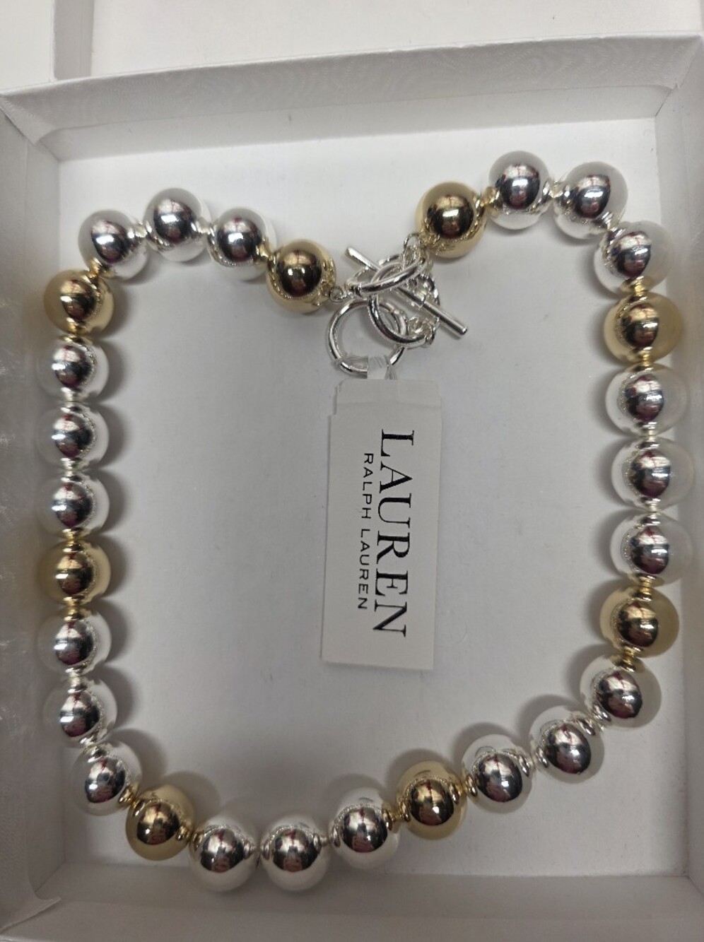NWT Lauren Ralph Lauren Two-Tone Silver and Gold Round Bead Necklace 16-18"